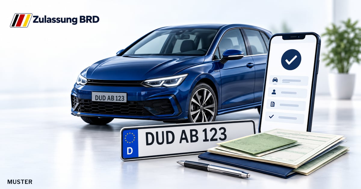 Online Fahrzeugzulassung in Duderstadt: Musterkennzeichen DUD AB 123, Auto und Fahrzeugpapiere und Smartphone. Illustration mit Logo von Zulassung BRD.